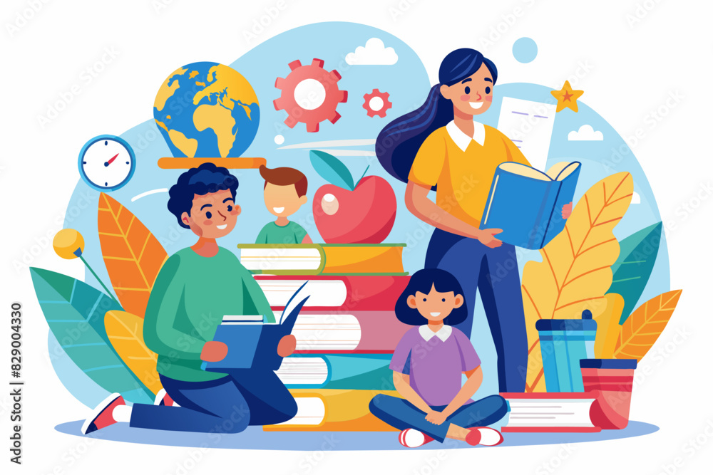 a woman and two children are sitting on books and reading a woman and two children are sitting on books and reading