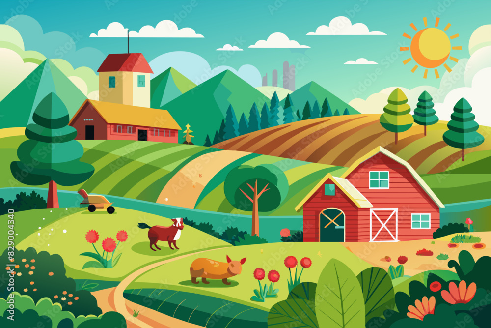 a farm scene with a barn, farm animals and a farm