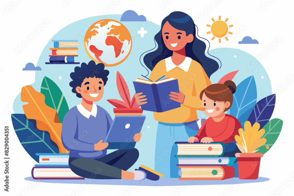 a woman and two children are sitting on books and reading a woman and two children are sitting on books and reading