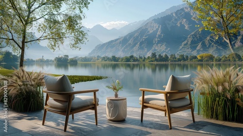 A serene lakeside outdoor sitting place with elegant wooden chairs and a small table  overlooking a tranquil lake with mountains in the background  showcasing pristine management.