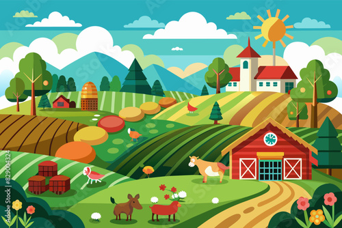 a farm scene with a barn, farm animals and a farm