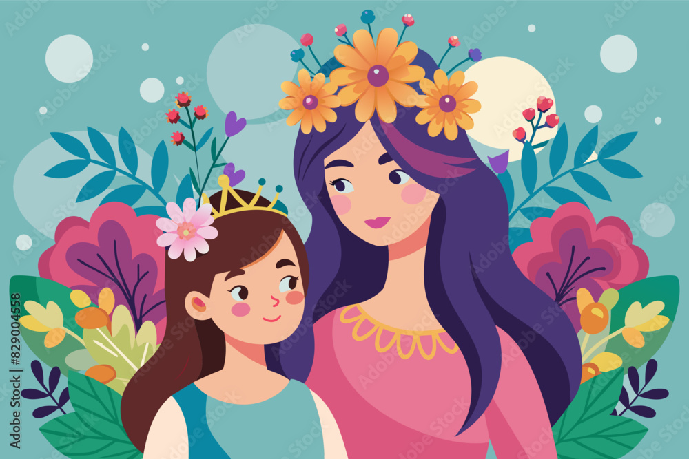 a mother and daughter in a floral garden