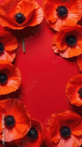 frame is made of red poppy flowers. View from above. place for text. Decorative background. Vertical