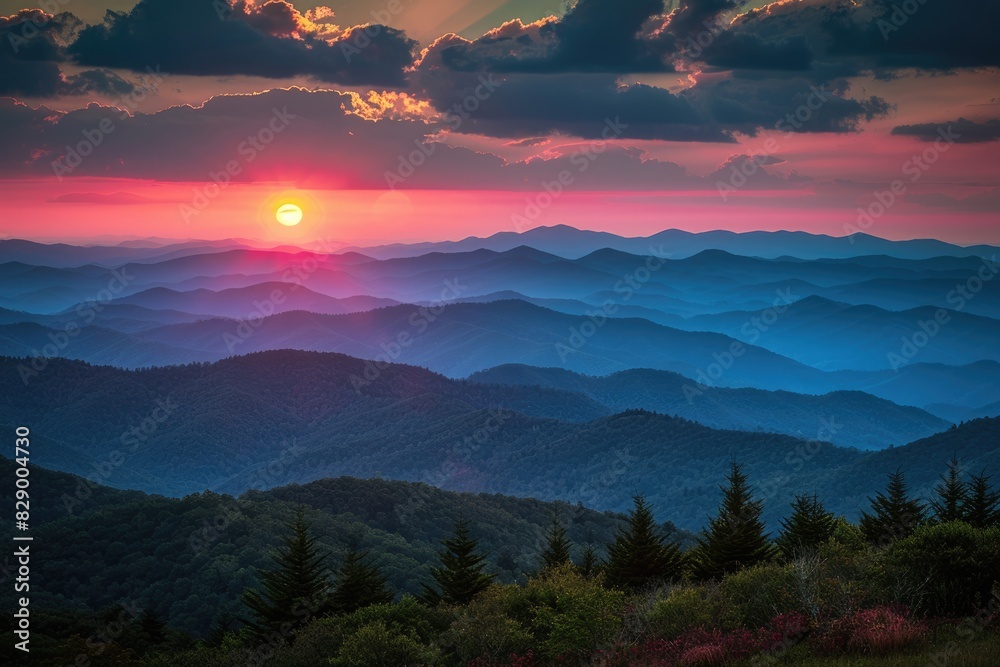 Obraz premium Sunset America. Twilight Landscape Background from Cowee Mountain Overlook on Blue Ridge Parkway