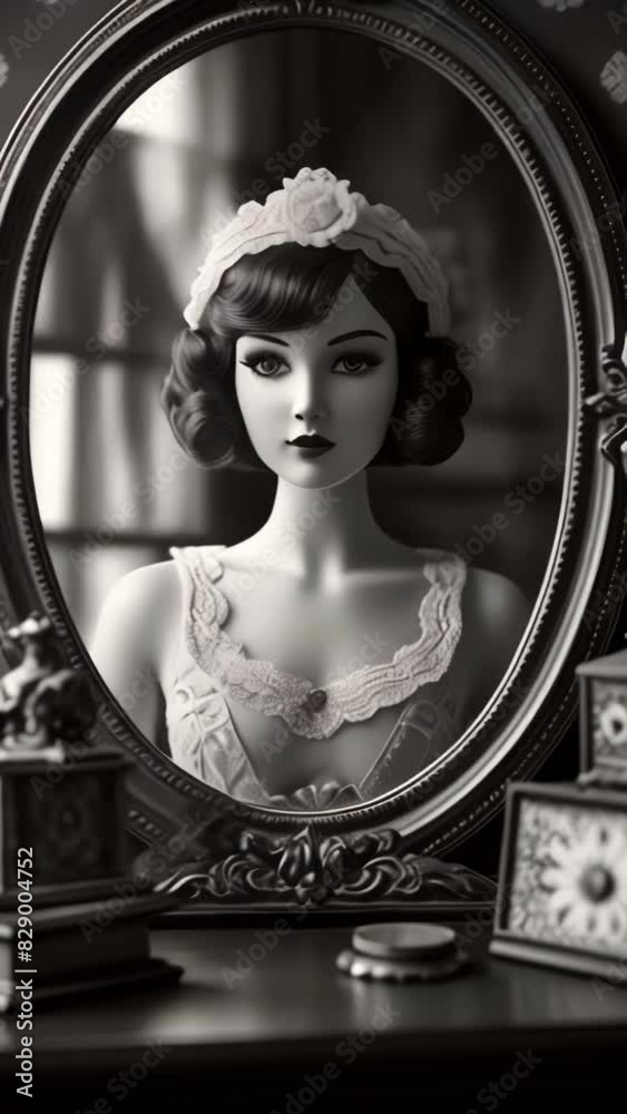 Retrato en blanco y negro de chica maquillada estilo años cincuenta observándose al espejo