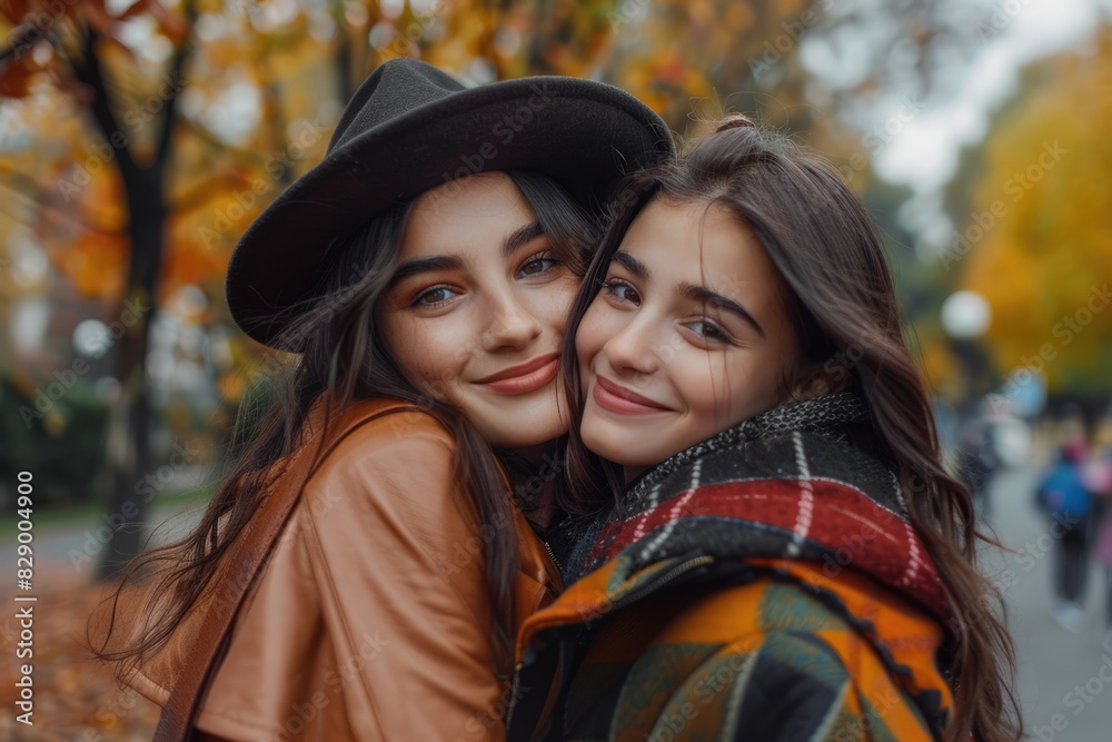 Close Friends. Young Pretty Girls in Friendly Hug, Posing in Stylish Autumn Outfits Close Friends. Young Pretty Girls in Friendly Hug, Posing in Stylish Autumn Outfits