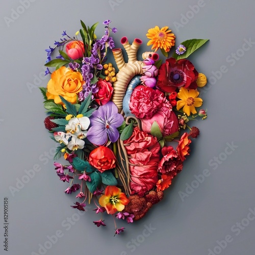 Heart in the form of flowers and leaves on a black background