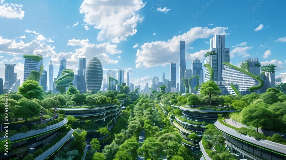 Obraz premium Panoramic view of a futuristic modern city with skyscrapers