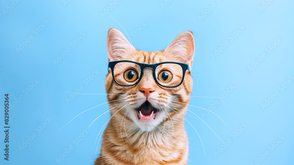 Surprised Orange Tabby Cat Wearing Glasses Against Blue Background