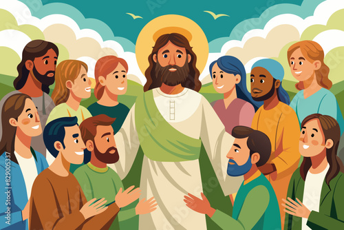 jesus is surrounded by many people, Jesus is in the midst of a crowd of individuals.