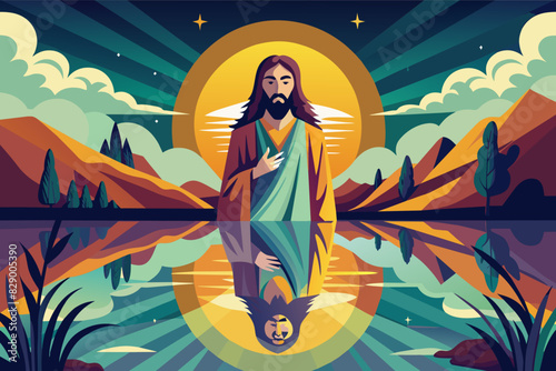 jesus floating in the water with a cat, The image shows Jesus peacefully standing on water, accompanied by a cat. photo