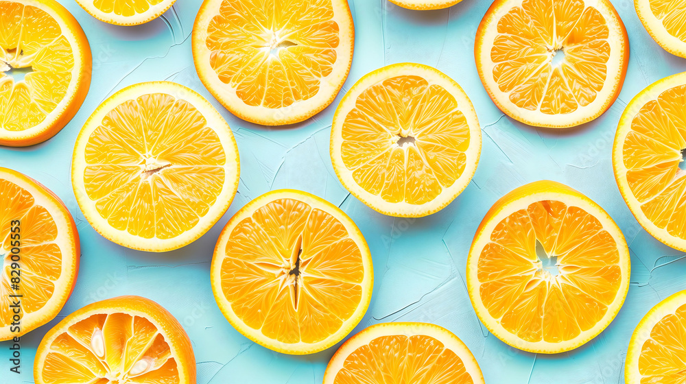 Fresh and vibrant orange slices arranged on a blue background, showcasing their juicy and colorful texture Fresh and vibrant orange slices arranged on a blue background, showcasing their juicy and colorful texture