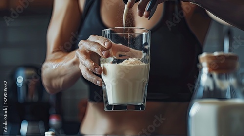 close-up of a girl athlete holding a protein shake. Selective focus © Anna