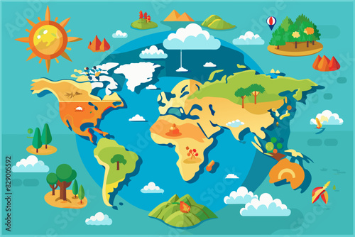 a map of the world with different types of trees  A map displaying various species of trees around the world.