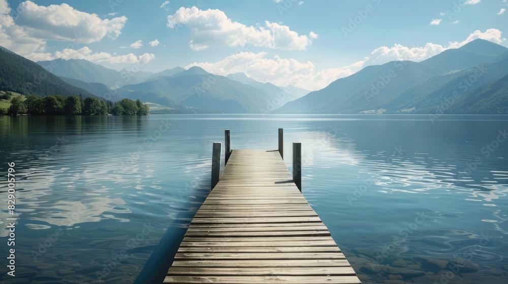 Fototapeta premium Empty wooden pier stretches into calm lake with distant mountains, symbolizing peace and vacation escape. Summer vacation, tourism