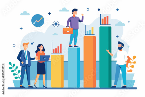 a group of people standing on top of a bar chart, A gathering of individuals positioned above a graphical representation of data.