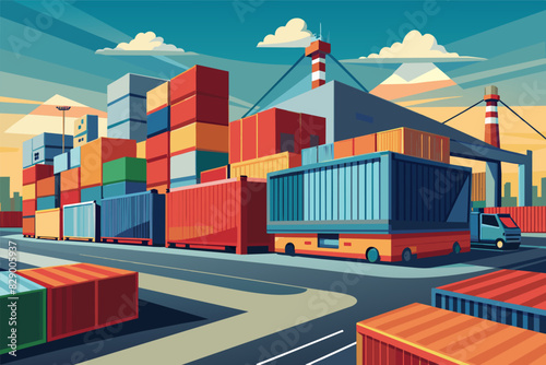 a truck is parked in front of a large container yard, A truck has been parked in front of a spacious container yard.