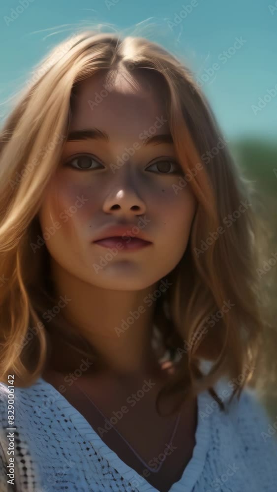 Chica rubia con pelo levantado por el viento al aire libre