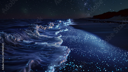 Beach with Bioluminescent Waves and Glowing Sand