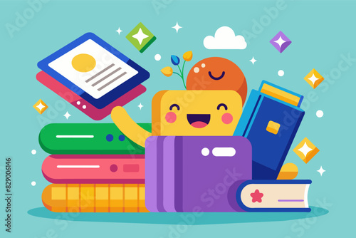 a pile of books with a smiling face and a book, An arrangement of books features a jovial expression and a single book.