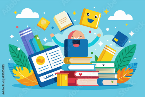 a pile of books with a smiling face and a book, An arrangement of books features a jovial expression and a single book.