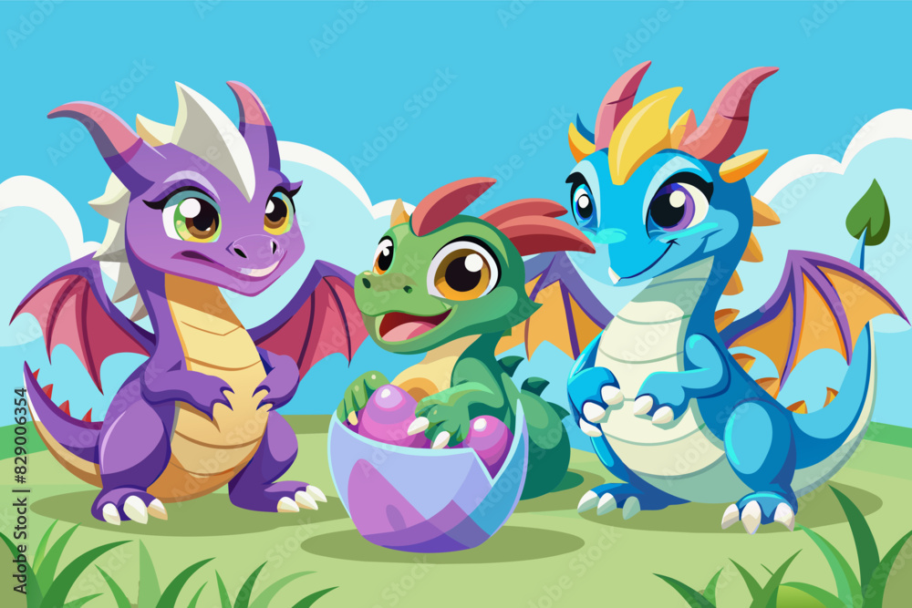 three cartoon dragon characters with a basket of eggs, 