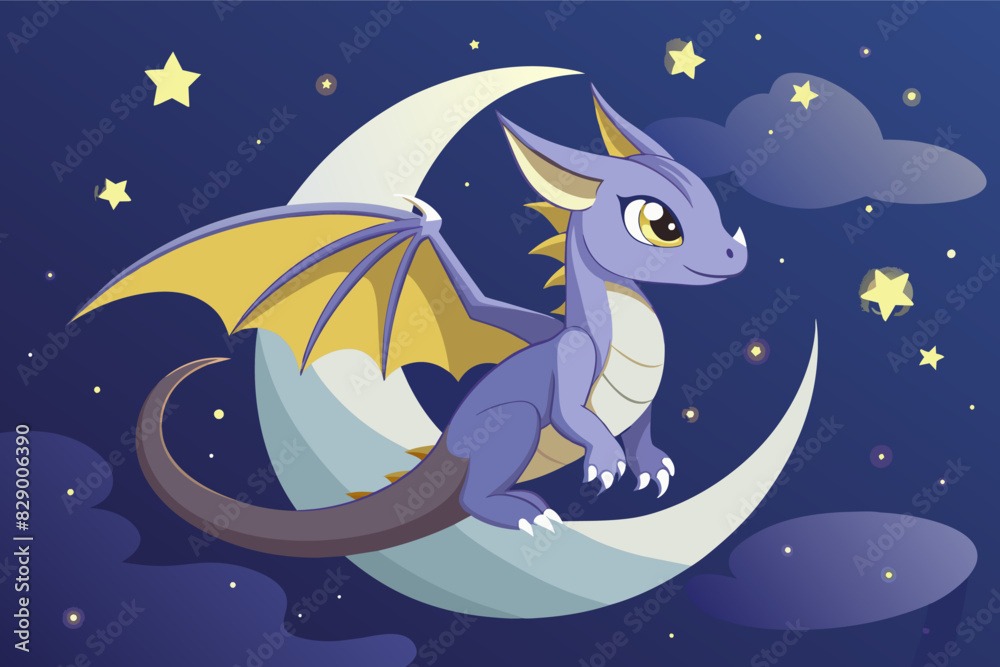 a cartoon dragon sitting on the moon, An illustration of a whimsical dragon perched atop the moon.