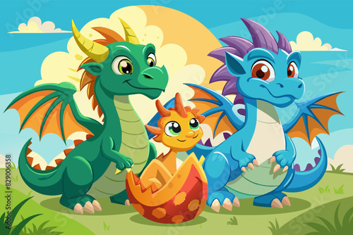 three cartoon dragon characters with a basket of eggs, "Includes three animated dragon figures holding a basket filled with eggs."