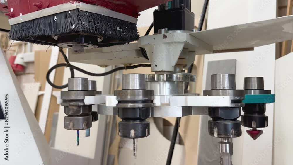 The CNC machine automatically changes the cutter for operation. Close-up of the automatic cutter change, the milling process of the CNC woodworking machine at the factory.
