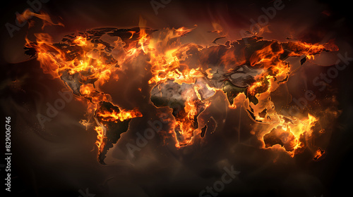 Dramatic world map engulfed in flames, symbolizing global crisis and environmental catastrophe