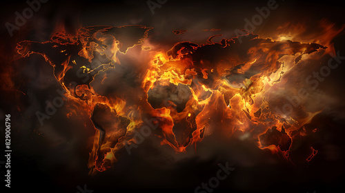 Dramatic world map engulfed in flames, symbolizing global crisis and environmental catastrophe photo