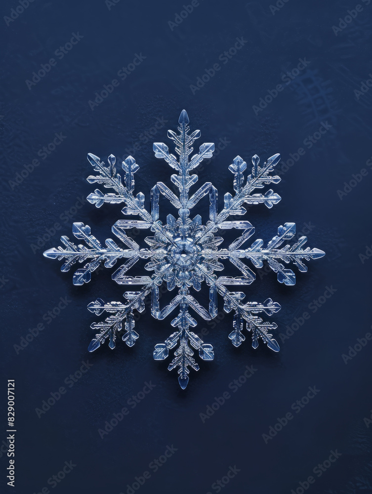 Close-up of a detailed, crystal-like snowflake on a dark blue background. Close-up of a detailed, crystal-like snowflake on a dark blue background.