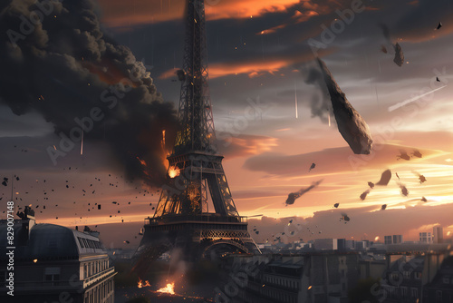 Apocalyptic scene of a massive tornado hitting the Eiffel Tower, with debris and destruction all around photo