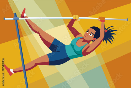 a woman is doing a pole vault trick, A female athlete is performing a pole vault maneuver.