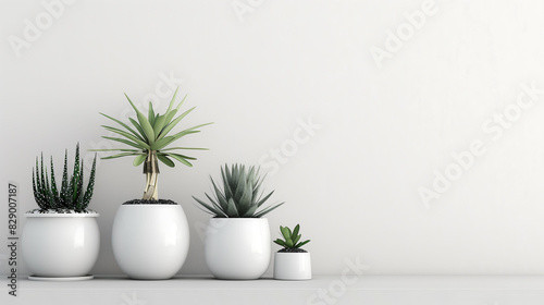 Trio of stylish potted succulents on a minimalist white background, showcasing modern interior decor