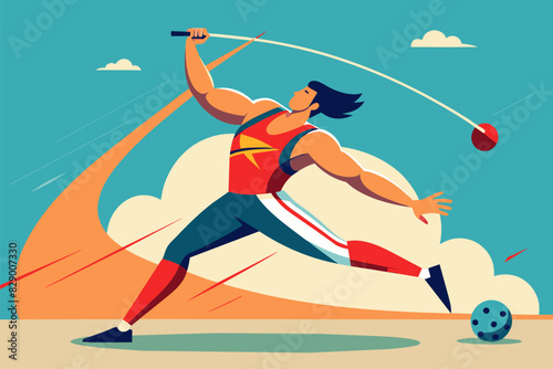 a man throwing a ball with a stick, A man using a stick to propel a ball forward.