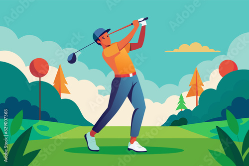 a man swinging a golf club on a sunny day, On a bright and sunny day, a gentleman is seen gracefully swinging a golf club.