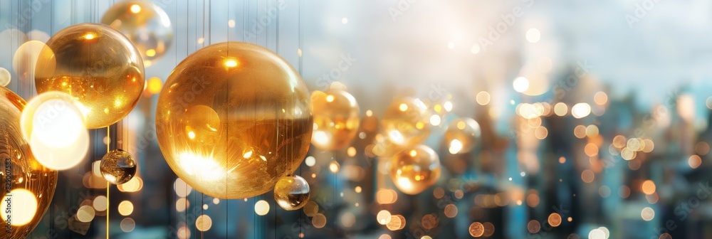 Bright image of hanging golden baubles with a blurred background of lights, evoking holiday cheer and decoration magic Bright image of hanging golden baubles with a blurred background of lights, evoking holiday cheer and decoration magic