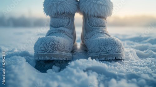 Pair of fur-lined winter boots in the snow on a frosty morning. photo