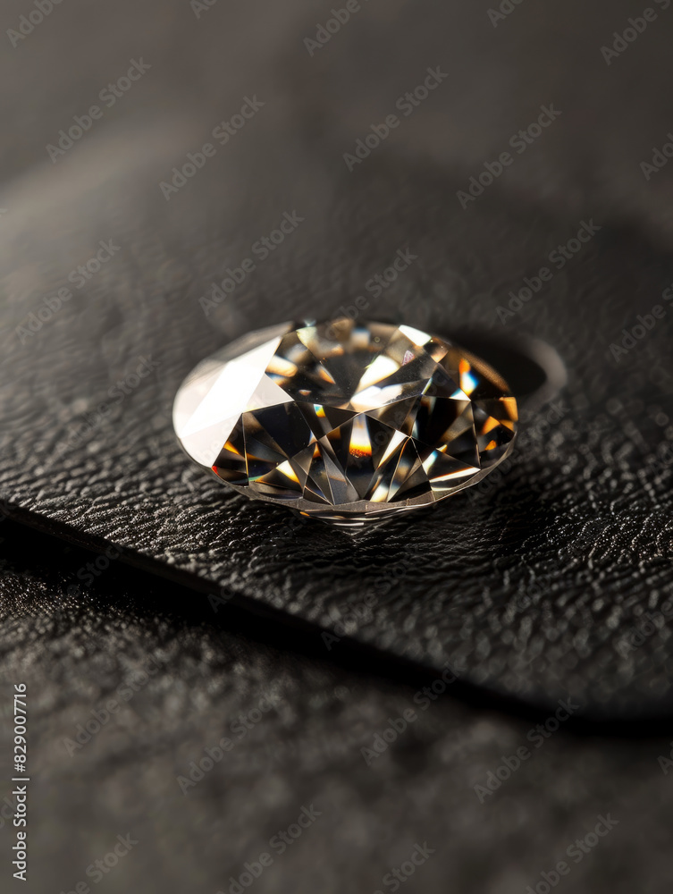Diamond on a black textured surface, sparkling and faceted. Diamond on a black textured surface, sparkling and faceted.