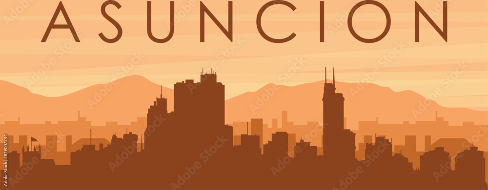 Brown panoramic poster of the city skyline with misty background buildings, sunrise, clouds and mountains of ASUNCIÓN, PARAGUAY Brown panoramic poster of the city skyline with misty background buildings, sunrise, clouds and mountains of ASUNCIÓN, PARAGUAY