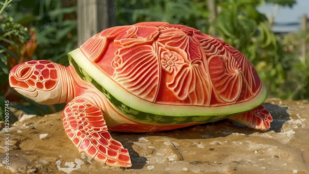 Watermelon Turtle Shell A masterful carving of a watermelon into the shape of a sea turtle with ...