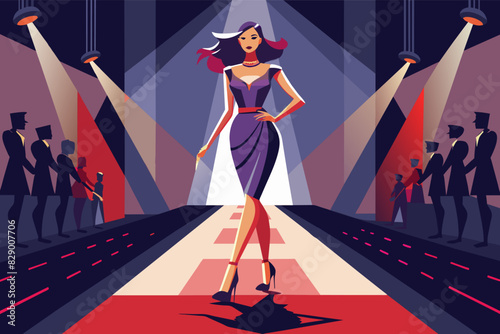 a woman walking down a runway with a red carpet