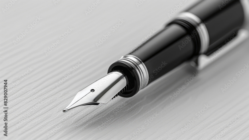 A close-up of a black fountain pen with a silver nib on a white surface. A close-up of a black fountain pen with a silver nib on a white surface.