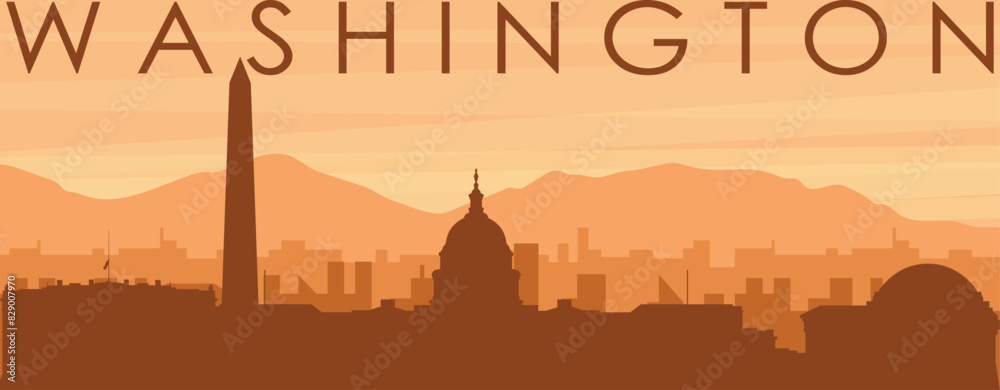 Brown panoramic poster of the city skyline with misty background buildings, sunrise, clouds and mountains of WASHINGTON, UNITED STATES Brown panoramic poster of the city skyline with misty background buildings, sunrise, clouds and mountains of WASHINGTON, UNITED STATES