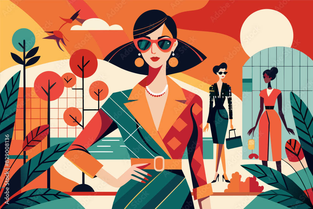 woman in a colorful dress and sunglasses, Abstract women fashion background vector woman in a colorful dress and sunglasses, Abstract women fashion background vector
