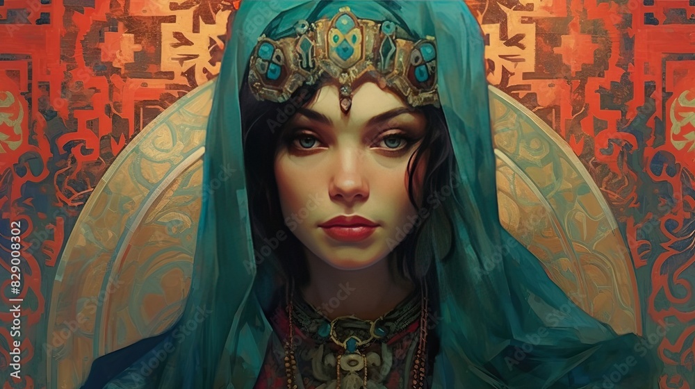 portrait of young beautiful woman, art deco style portrait of young beautiful woman, art deco style
