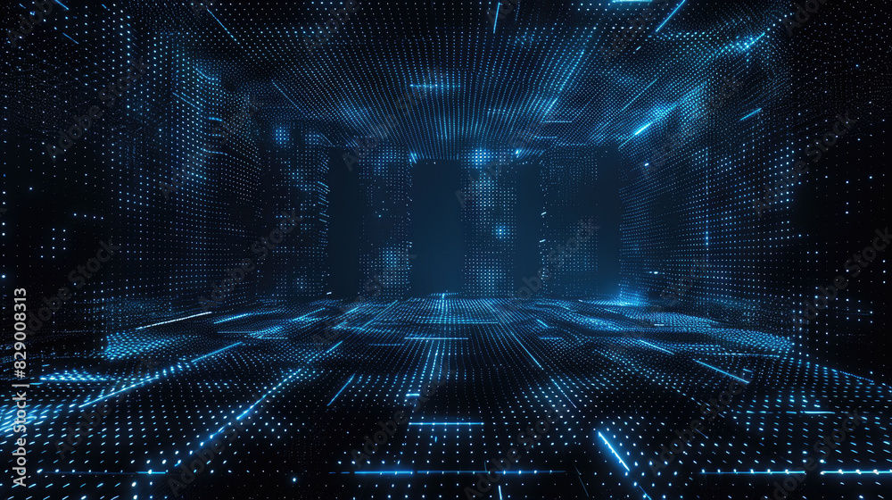 Dark digital room background, empty futuristic space with wireframe ...