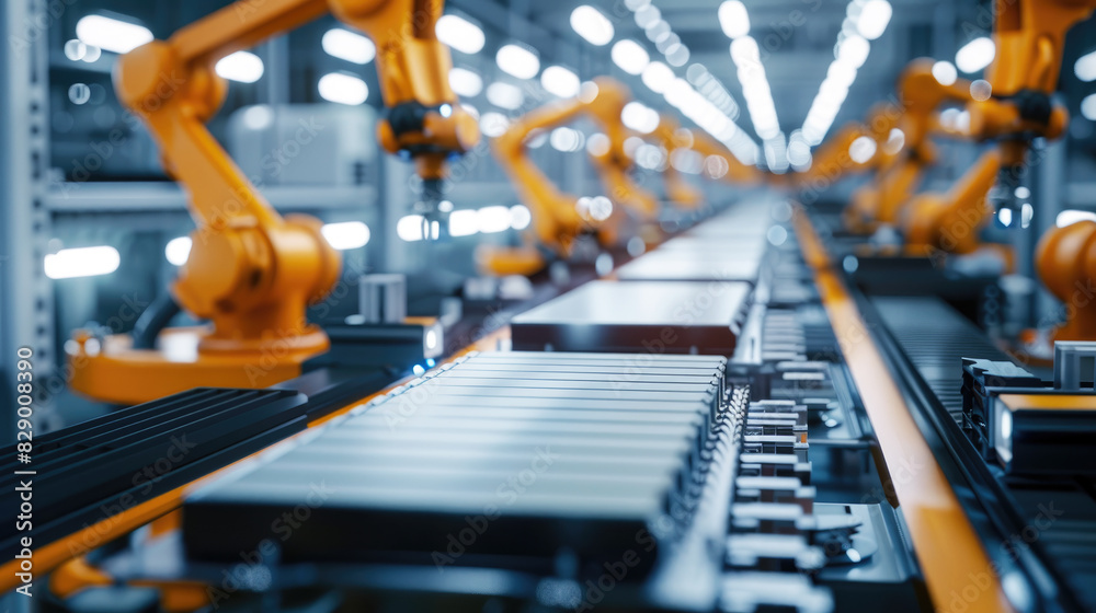 Electric car lithium battery and robots in factory, background with automated assembly line of plant. Concept of ev, production, vehicle, industry, manufacture,