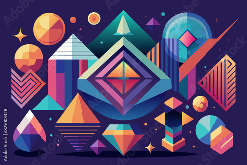 a colorful geometric design with a lot of shapes, A brightly colored geometric pattern featuring numerous shapes.